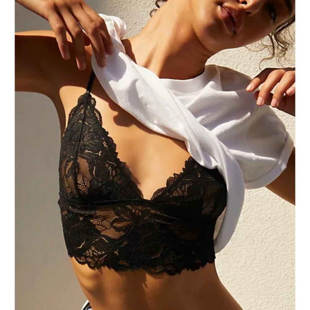 FREE PEOPLE Intimates Bralette Womens Everyday Lace Longline Black Size Small